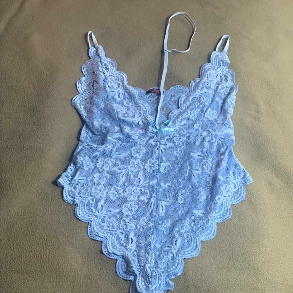 New Avid Love blue lace bodysuit with adjustable straps and neck strap?. Size L